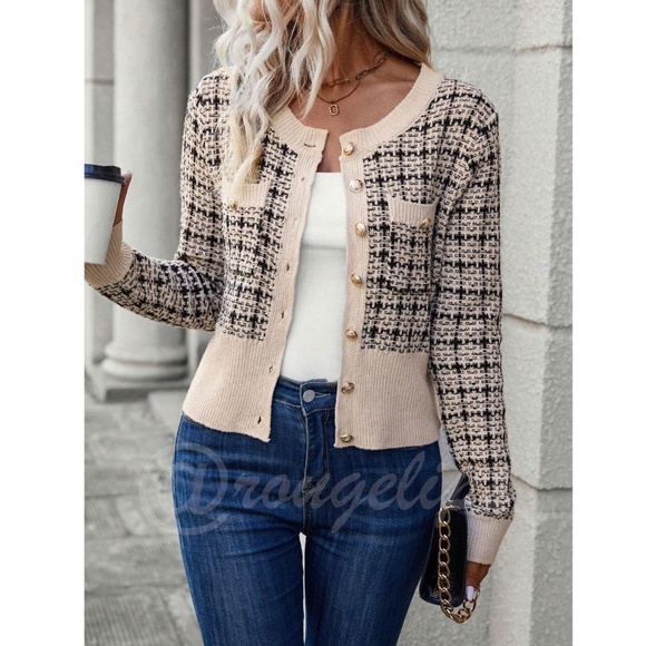 Beige Plaid Button Up Cardigan Knit Long Sleeve Chest Pocket - Picture 3 of 8